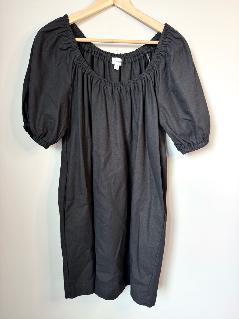 Black Linen Blend Puff-Sleeve Off the Shoulder Mini Dress with Pockets